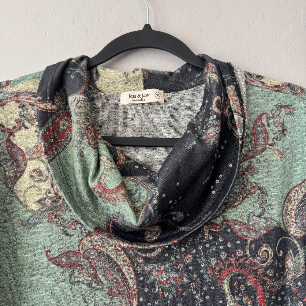 Jess & Jane XL Acorn Tunic Top Green Long Sleeve Paisley Cowl Neck - Picture 3 of 6